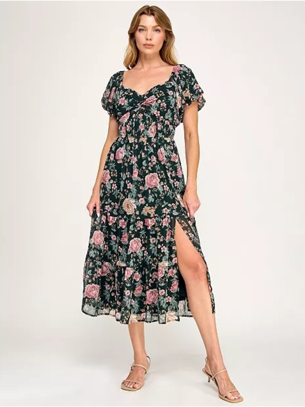 Trixxi Puff Sleeve Floral Twist Front Midi Dress